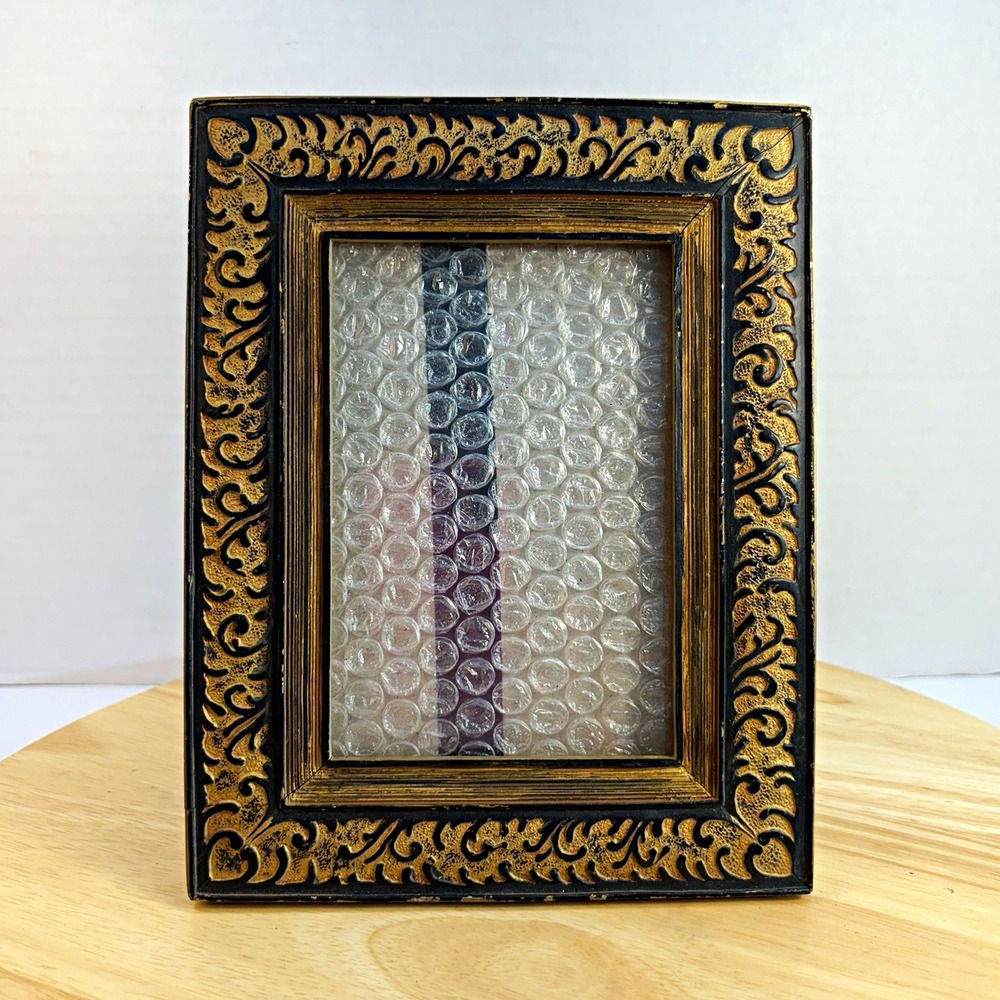 Ornate Black/Gold Wood Tabletop Photo Frame Easel Back 4.5x6.5 Clear Glass